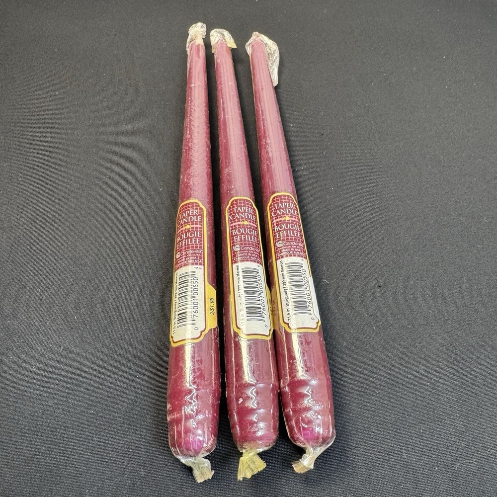 3 Vintage Candle Lite Bougie Effilee Taper Burgundy Red 12" Candles Sealed‎ New